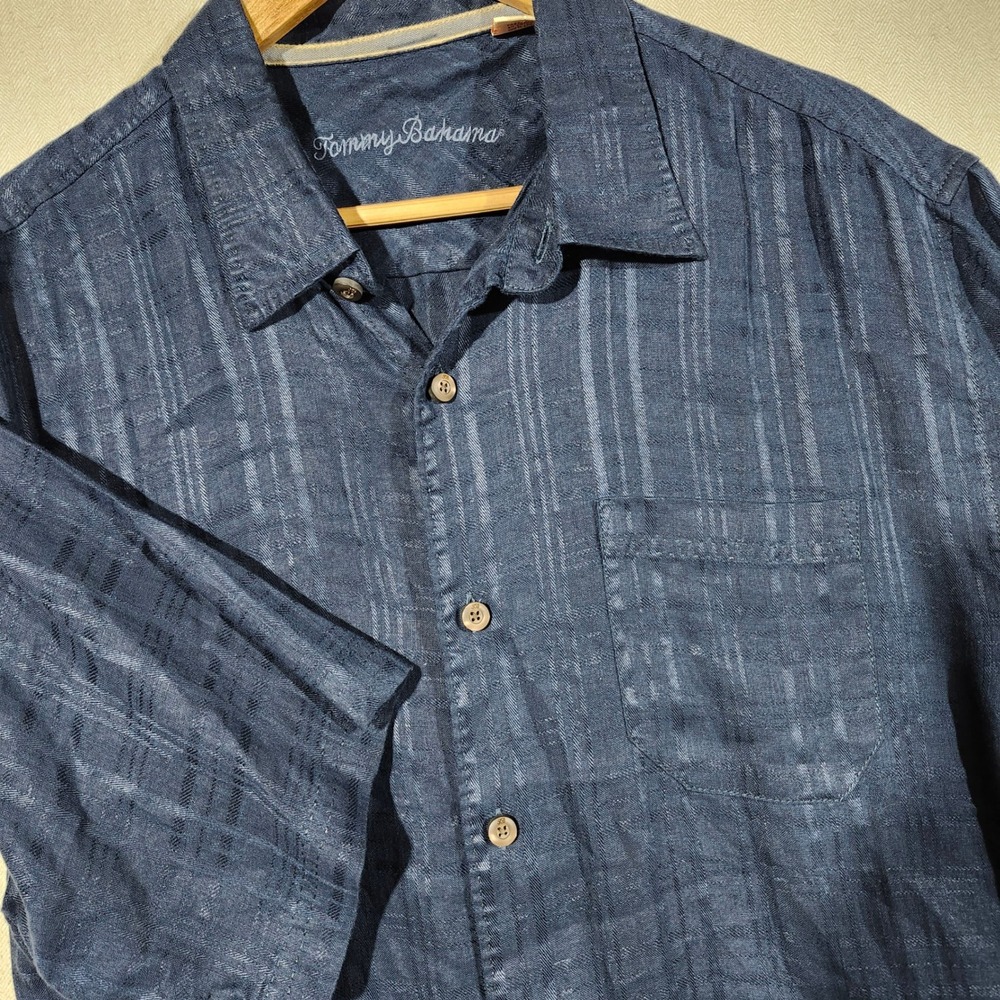 Tommy Bahama Linen Mens‎ Shirt Short Sleeve Blue Casual Button Up Large Coastal